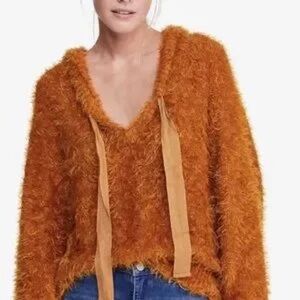 Free People Light As A Feather Fuzzy Hooded Oversize Sweater Copper Orange Small
